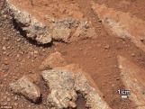 Kavicsokból összecementált konglomerátum a Curiosity Mars-járó felvételén.